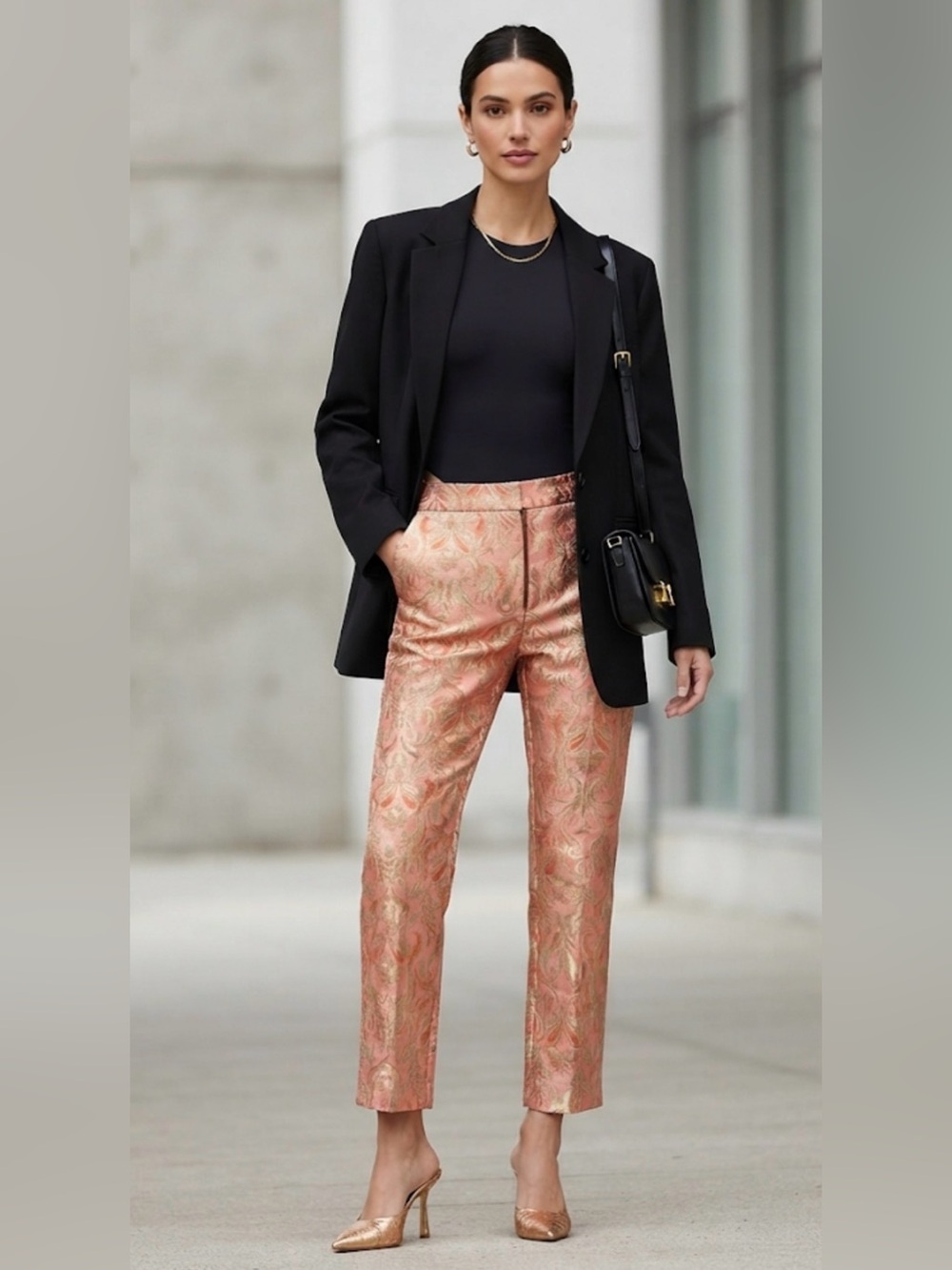 Metallic Brocade Floral Tailored Trousers Peach Gold Pink Pants⁠